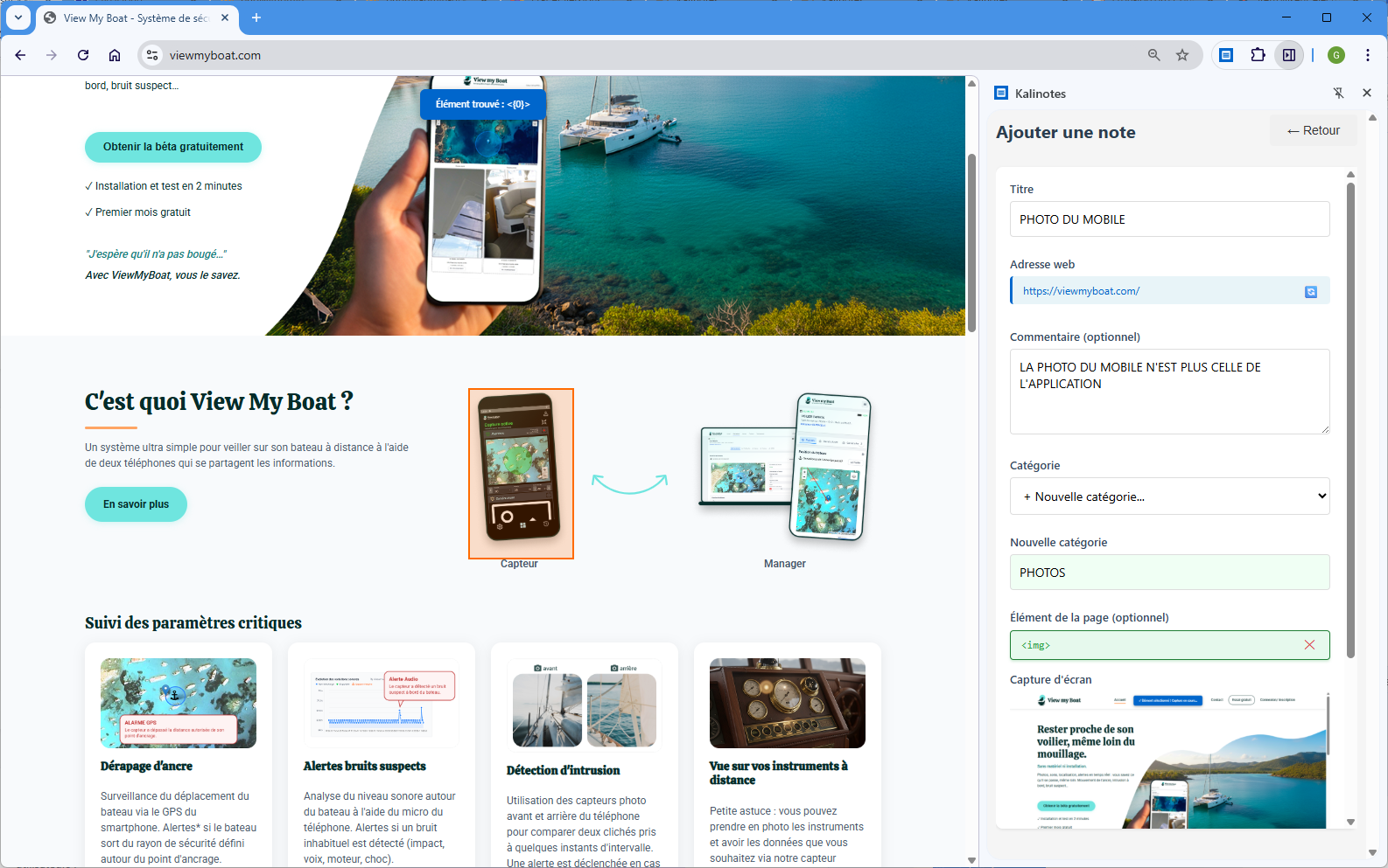 Pointer un élément de la page et l'annoter avec Kalinotes